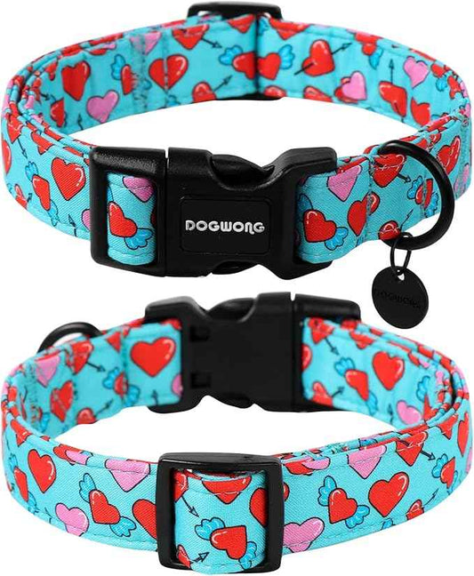 DOGWONG Blue Heart Dog Collar Adjustable Soft Natural Fabric Girl Pet Dog Collar Cute Heart Valentine Puppy Necklace for Small Medium Large Dog