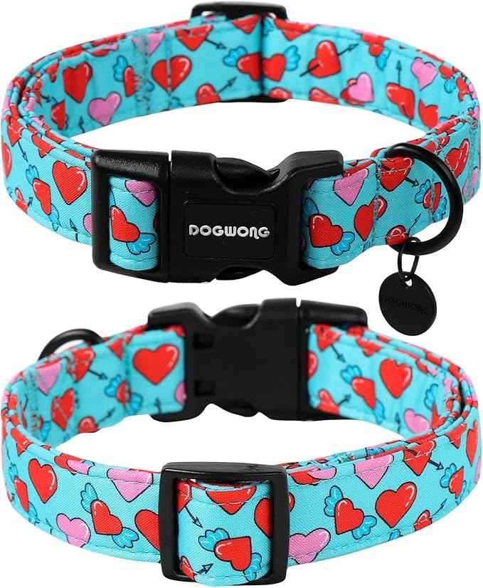 DOGWONG Blue Heart Dog Collar Adjustable Soft Natural Fabric Girl Pet Dog Collar Cute Heart Valentine Puppy Necklace for Small Medium Large Dog