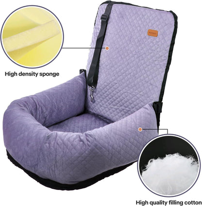 Dog Car Seat for Small Medium Dogs Up to 40lbs, Detachable Washable Soft Pet Booster Travel Bed for Front & Purple Seat with Safety Leash Belt