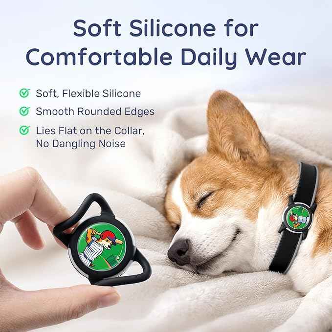 Dog AirTag Holder for Dog Collar, Soft Silicone Slide-On Case for Apple AirTag, No-Dangle Quiet Protective Holder with Eye-Catching Pet Character Designs, Black-Baseball All-Star