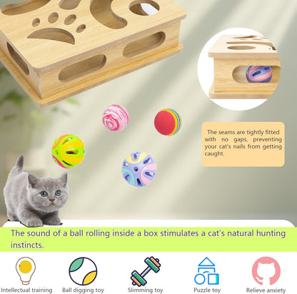Interactive Wooden Cat Puzzle Toy Box Indoor Hunting Play Toy to Stimulate Your Cat’s Energy and Instincts (Burlywood)