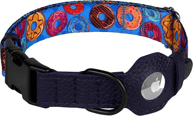 AirTag Dog Collar with Metal Buckle - Printed Nylon Soft Leather Dog Collar with Apple AirTag Holder - Secure Tracking GPS Pet Collars for Girl Boy Small Large Dogs (XL, 20"-25" Neck Fit, Donuts)