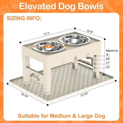 Elevated Dog Bowls with Mat, Raised Dog Food Bowl Stand with 2 Stainless Steel Bowls, 5 Height Adjustable (3.1", 9", 10", 11", 12") Non-Slip Feeder Set for Medium and Large Dogs – Apricot