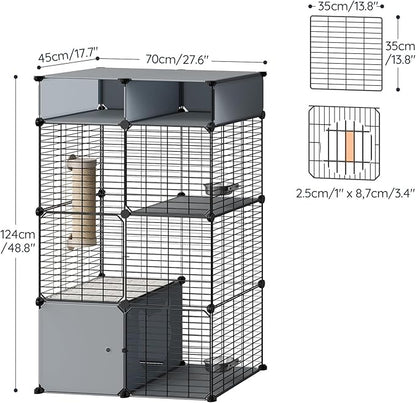 HOOBRO Cat Cage with Litter Box, 3 Tier Indoor Cat Enclosure Playpen with Storage, Food Bowls and Scratching Post, Detachable Metal Wire Kennel Crate, 27.6" L x 17.7" W x 48.8" H, Black and Grey