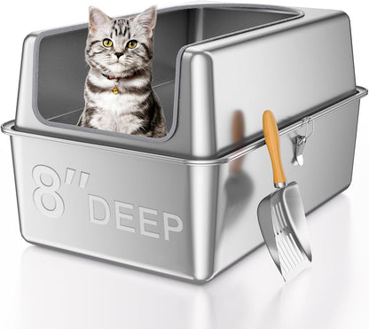 14'' High Sides XXL All Stainless Steel Cat Litter Box with Lid,XL Deep Metal Litter Box for Big Cats,Extra Large Litter Boxes with High Wall Enclosure,Anti-Leakage,Never Absorbs Odors,Non-Sticky