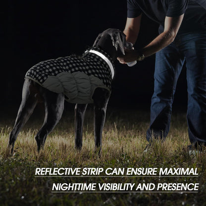 FUAMEY Dog Coat for Large Dogs,Waterproof Dog Winter Jacket with Harness Built in Puppy Cold Weather Coats Reflective Pet Vest with Zipper Warm Fleece Dogs Snowsuit Windproof Checkerboard L