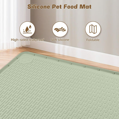 Cat Food Mat, 40" x 28" Extra Large Silicone Pet Feeding Mat with Raised Edge Pet Placemat for Food and Water Bowl Non-Slip, Easy to Clean, Floor Protection (Green)