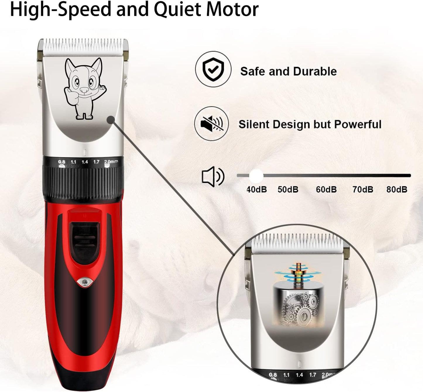 Dog Grooming Kit Clippers, Low Noise, Electric Quiet, Rechargeable, Cordless, Pet Hair Thick Coats Clippers Trimmers Set, Suitable for Dogs, Cats, and Other Pets(Red)