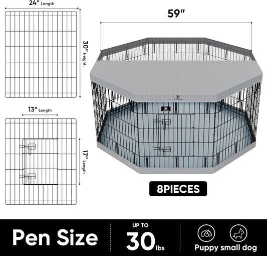 PJYuCien Dog Playpen, 8 Panels 30”H Dog Playpen Indoor with Grey Bottom Pad and Top Cover, Metal Foldable Dog Pen for Indoor Use, Better for Small Medium Animals, Grey