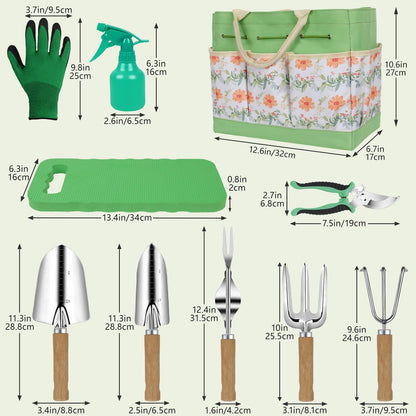 Gardening Tools 10-Piece Heavy Duty Stainless Steel Hand Tools with Durable Garden Tools Storage Tote,Rust-Proof Garden Tool Set, Ideal Gardening Gifts for Women Yellow Floral Pattern Design