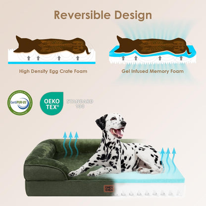 EHEYCIGA Orthopedic Dog Beds for Large Dogs, Waterproof Memory Foam Large Dog Bed with Sides, Non-Slip Bottom and Egg-Crate Foam Pet Couch Bed with Washable Removable Cover, Dark Green