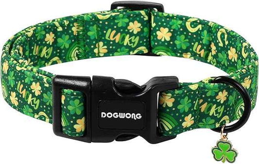 DOGWONG St Patrick's Dog Collar, Green Clover Pet Collar Cotton Shamrock Pet Collar Cute Puppy Collar Adjustable Pet Dog Collars for Large Dogs,L