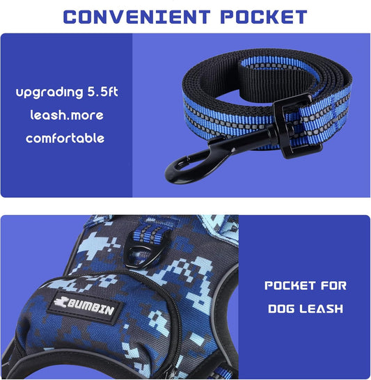 BUMBIN Dog Harness for Large Dogs, No Pull Adjustable No Choke Pet Vest with Dog Leash Fit Smart Reflective Pet Walking Harness for Training Easy Control Soft Handle Blue Camo M