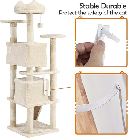Yaheetech 62in Cat Tree Cat Tower for Indoor Cats, Cat Furniture w/Double Condo, Scratching Posts, Multiple Platforms and Balls for Kittens & Cats, Beige