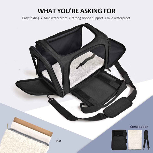 Large Soft Sided Cat and Pet Carrier for Cats and Puppies up to 25Lbs - Collapsible, Waterproof Travel Carrier - Black