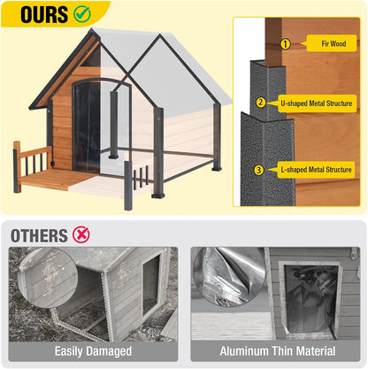 Outdoor Dog House with All-Around Insulated Liner Weatherproof Puppy Shelter Indoor Dog Kennel, Anti-Bite Dog Home for Large Breed with Porch (Brown, Large)