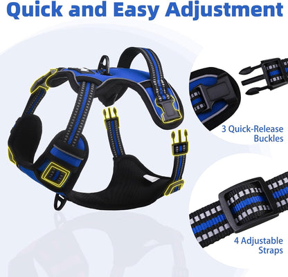 PUPTECK No Pull Dog Harness for Large, Adjustable Reflective Dog Harness with Handle Easy Control, Comfortable Soft Padded Pet Vest Harness for Extra Large Dogs, Blue XL