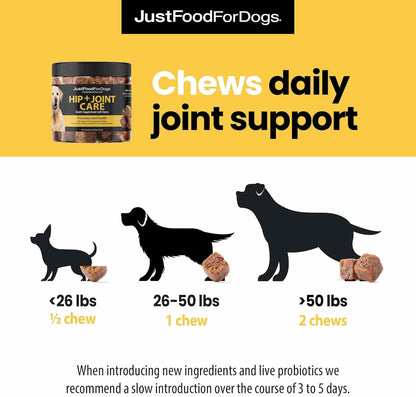 JustFoodForDogs Hip + Joint Soft Chews Mobility Supplement for Dogs with Glucosamine and Chondroitin, Superfood Blend, Human Grade, Plant-Based - 45 Count