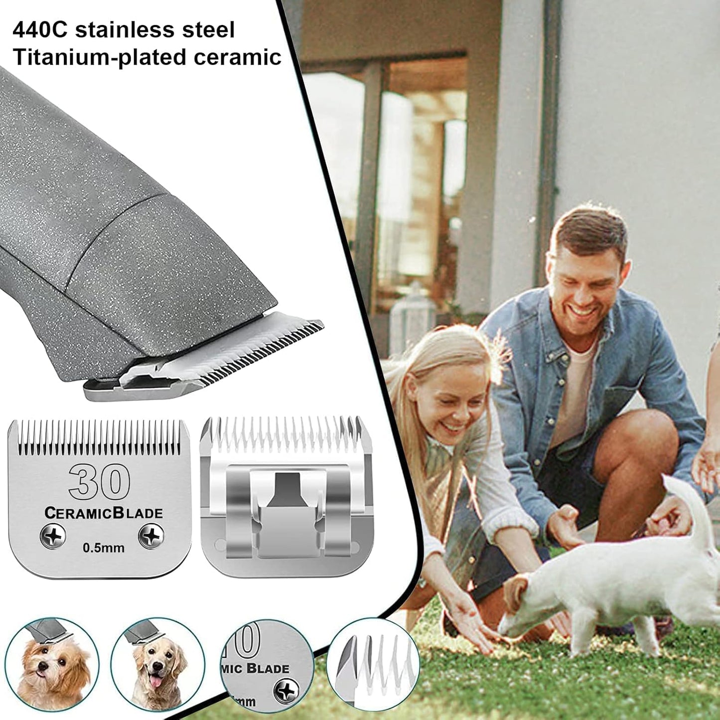 Audoc 3Pack #30 Blade Dog Grooming Clipper Replacement Blades Compatible with Wahl/Oster Dog Clippers,Detachable Ceramic Blade & Stainless Steel Blade,Size-30, 1/50-Inch Cut Length (64260)