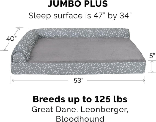 Furhaven Cooling Gel Dog Bed for Large Dogs w/ Removable Bolsters & Washable Cover, For Dogs Up to 125 lbs - Plush & Almond Print L Shaped Chaise - Gray Almonds, Jumbo Plus/XXL