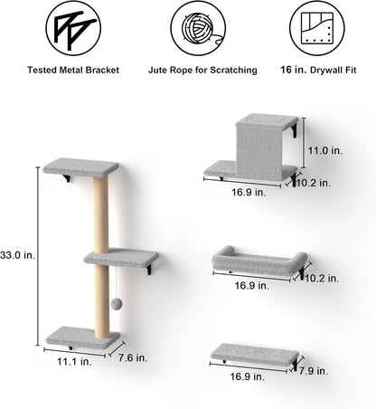 FUKUMARU Cat Wall Shelves, Stable & Safe 4 in 1 Cat Furniture Set, Wooden Climbing Wall with Scratching Post for 16 Inch Drywall - Light Gray