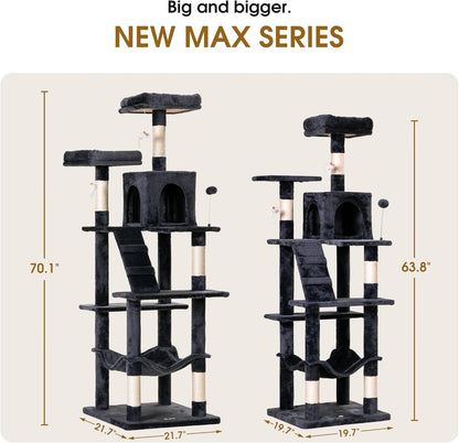 MWPO 70.1-Inch Large Cat Tree, Multi-Level Tall Cat Tower for Indoor Cats, Plush Cat Condo with Big Padded Perches, Sisal-Covered Scratching Posts, Hammock, Toys for Kittens & Cats - Smoky Grey