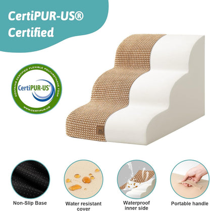 Dog Stairs for Small Dogs 15.7" H, Curved Dog Step for Puppy, Older Cat, Medium Pet Ramp for Sofa, Couch or Chair, Ladder with High Density Foam, 15.7x22.4x15.7 inch, 3 Step, Light Brown - Pawvie