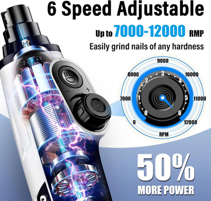 Casfuy Smart 6-Speed Dog Nail Grinder - 50% More Power Pet Nail Grinder with 2 LED Lights Quiet Rechargeable Electric Dog Nail Trimmers File Toenail Grinder for Large Medium Small Dogs & Cats (White)