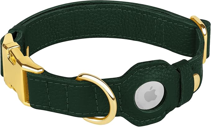 Leather Airtag Dog Collar - Soft Tracking Dog Collar with Apple AirTag Holder and Metal Buckle - Safety GPS Pet Collars for Small Medium Large Dogs Puppy Pink Red (Green, S, 12"-15" Neck Fit)