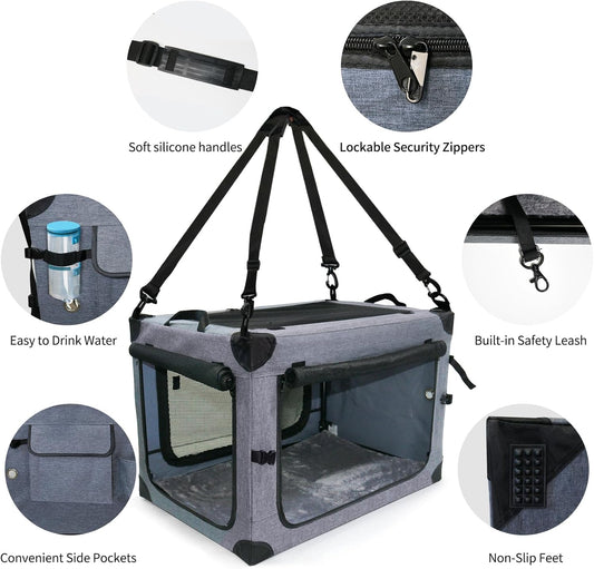NEZUC Soft Collapsible Dog Crate - 36 Inch Portable Soft Sided Travel Dog Crates for Large Dogs, 4-Door Foldable Dog Carrier, Pet Kennel Indoor & Outdoor (Gray, 36.0" L x 22.0" W x 22.0" H)