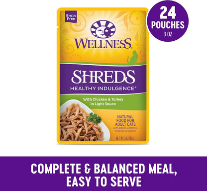 Wellness Healthly Indulgence Shreds Adult Wet Cat Food, Natural, Protein-Rich, Grain Free, 3 Ounce Pouch, 24 Pack, (Chicken & Turkey)