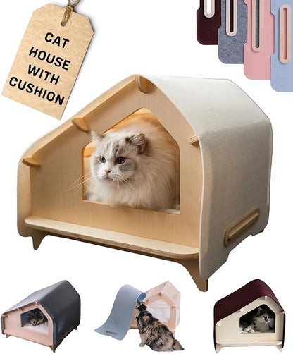 RAWRY Cat House – Covered Indoor Pet Bed with Cushion & Scratcher | Wood Cat Scratcher House for Cats, Kittens, Small Dogs