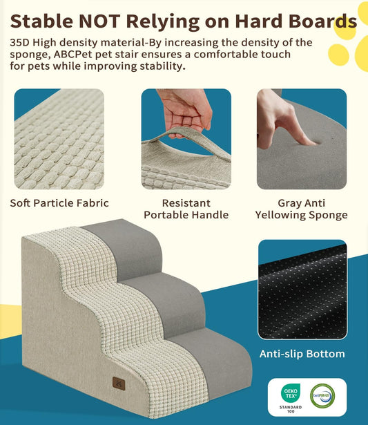 Dog Step for Bed, Dog Stair 3-Step 35D Pet Stair 15.7" H for High Bed or Sofa Non-Slip Balanced Pet Step Indoor, Beige