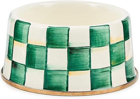 MACKENZIE-CHILDS Enamel Pet Bowl, Cute Cat and Dog Bowl for Food and Water, Medium, Green-and-White Emerald Check