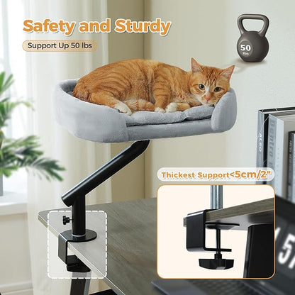 PAWZ Road Cat Desk Bed for Indoor Cats, Cat Bed for Desk Supports Up to 50 lbs, 360° Rotation & Adjustable, Nest Desktop Attachment Cats Hammock for Table, Gray