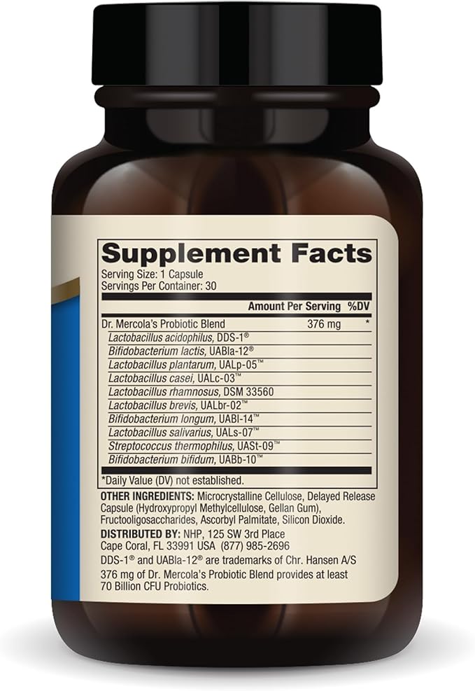Dr. Mercola Complete Probiotics - 70 Billion CFU - Supports Immune, Digestive & Gut Health - Features 10 Strains - Shelf Stable - GMO-Free, Gluten-Free & Soy-Free - 30 Capsules (30 Servings)