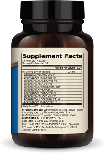 Dr. Mercola Complete Probiotics - 70 Billion CFU - Supports Immune, Digestive & Gut Health - Features 10 Strains - Shelf Stable - GMO-Free, Gluten-Free & Soy-Free - 30 Capsules (30 Servings)