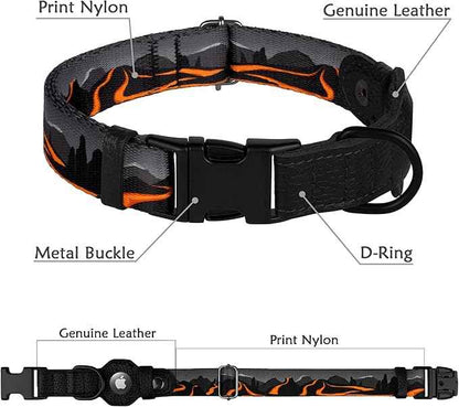 AirTag Dog Collar with Metal Buckle - Printed Nylon Soft Leather Dog Collar with Apple AirTag Holder - Secure Tracking GPS Pet Collars for Girl Boy Small Large Dogs (L, 17"-21" Neck Fit, Hawaii)