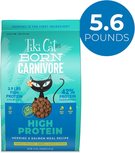 Tiki Cat Born Carnivore High Protein Dry Cat Food, Herring & Salmon Meal, 5.6 lbs. Bag