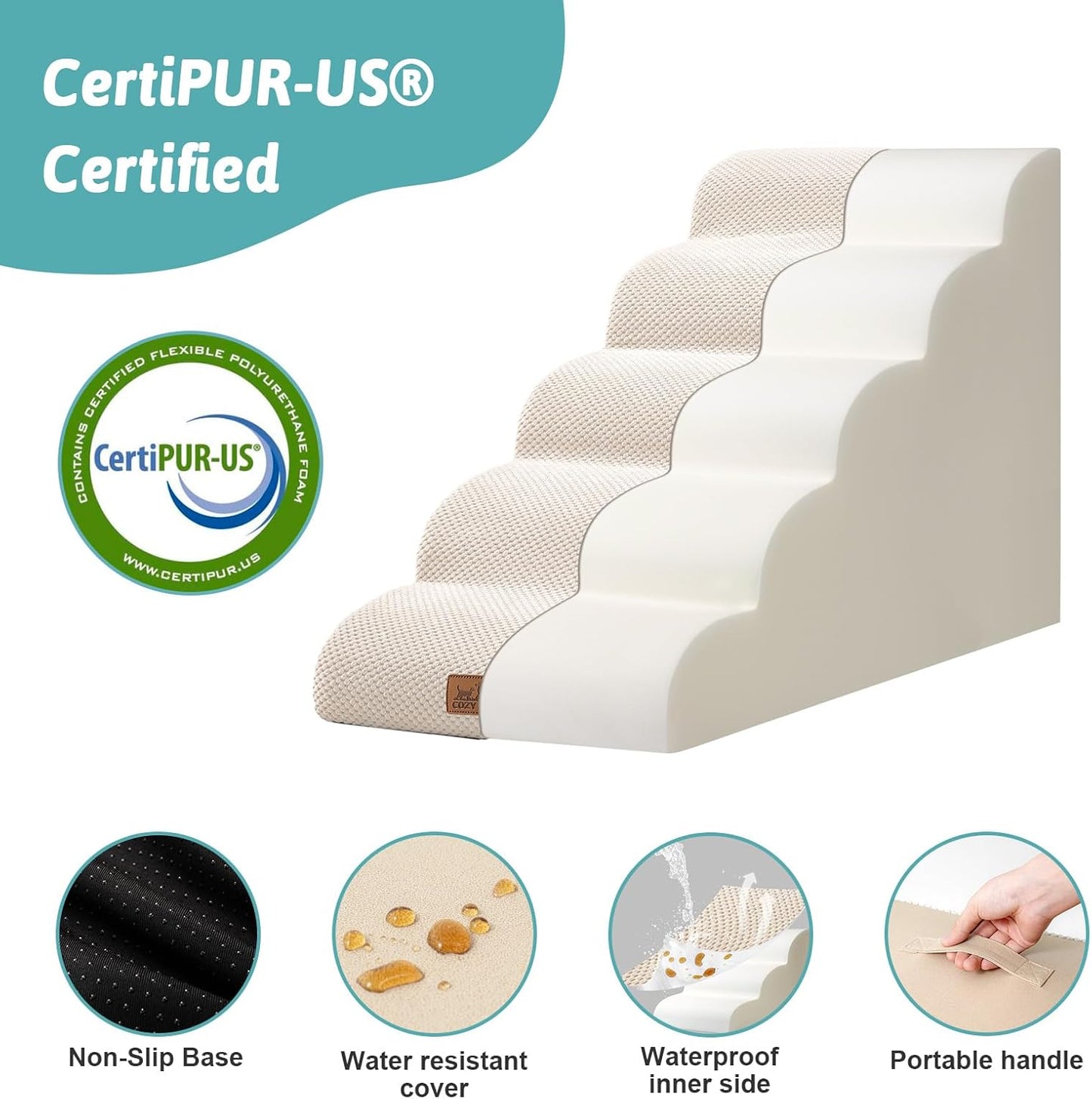 Dog Stairs for Small Dog 22.6" H, Curved Pet Step for Puppy, Older Cat, Medium Pet Ramp for High Bed, Ladder with High Density Foam, Durable, 5 Step, 15.7x33x22.6 inch, Beige - Pawvie