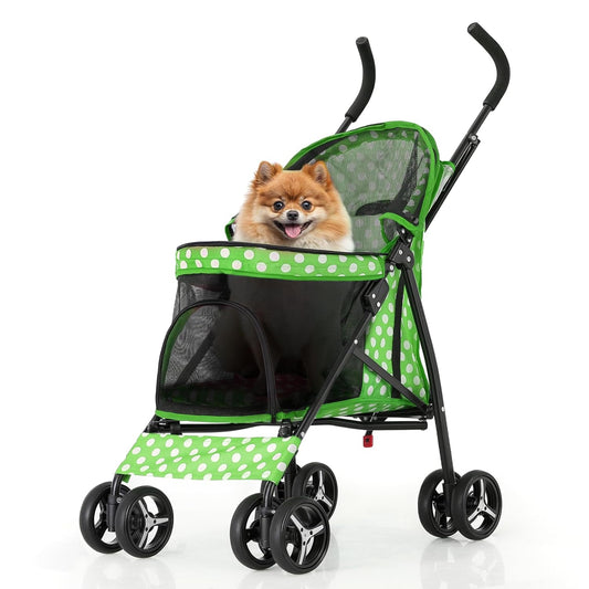MoNiBloom 4 Wheels Pet Stroller, Easy-Fold Umbrella Shaped Dog Cat Jogger Stroller w/Storage Bag & Visible Mesh for Small/Medium Dogs Cats Lawn Green Polka Dots - Pawvie