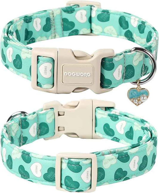 DOGWONG Valentine's Day Dog Collar - Green Heart, Adjustable Soft Cute Pet Collar for Small, Medium & Large Dogs
