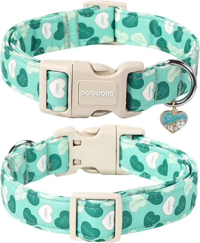 DOGWONG Valentine's Day Dog Collar - Green Heart, Adjustable Soft Cute Pet Collar for Small, Medium & Large Dogs