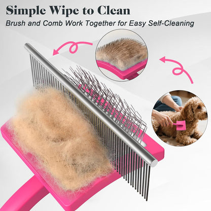 2PCS Slicker Brush for Dogs & Pet Comb,Professional Dog Grooming Brush (Goldendoodles,Poodles,Labradoodles) with Extra Long Pins to Effectively Remove Tangles, Knots and Mats (Pink)