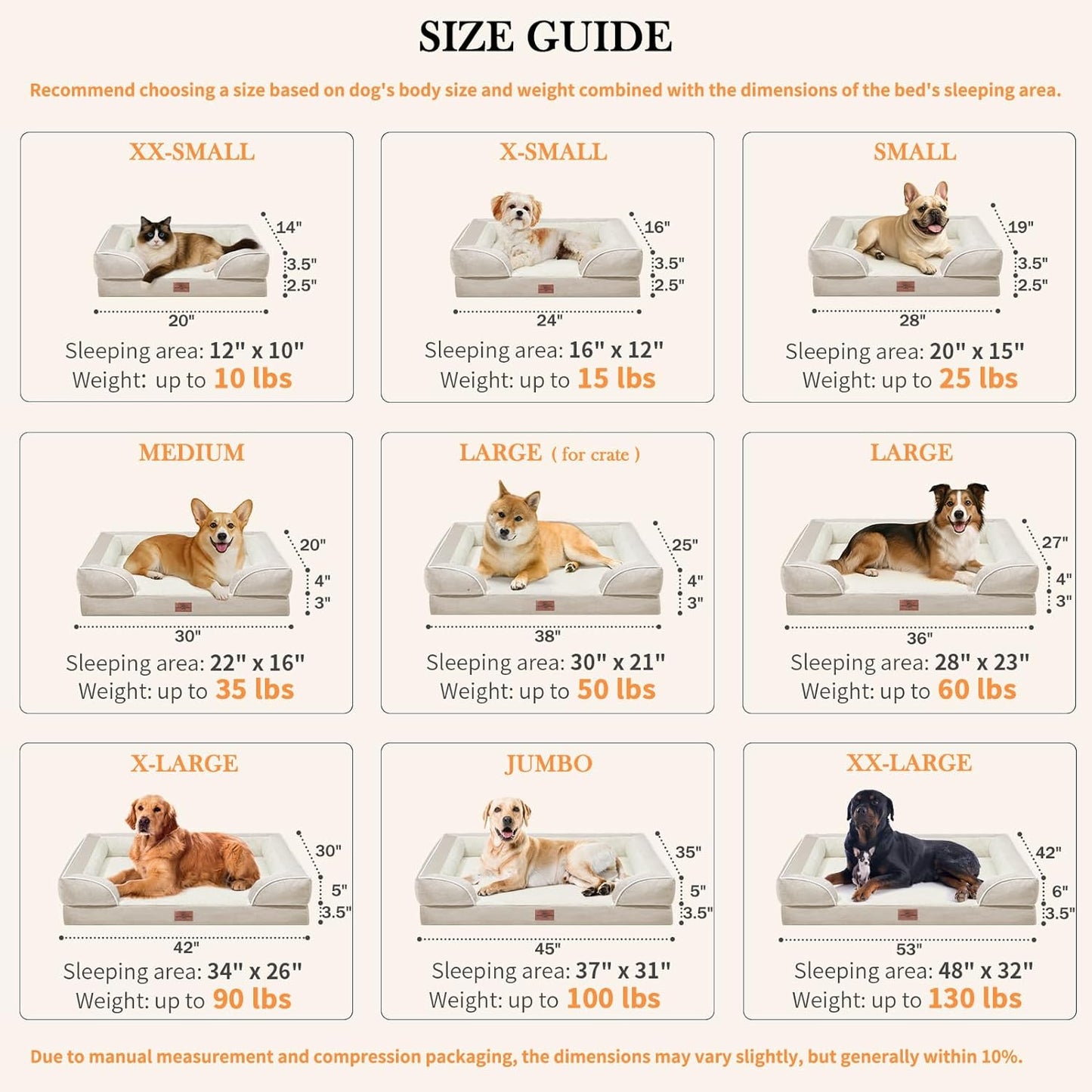 Comfort Expression XL Dog Beds for Extra Large Dogs, Waterproof Orthopedic Dog Bed with Bolster, Washable Pet Sofa Couch with Removable Cover & Non-Slip Bottom(X-Large,Beige)
