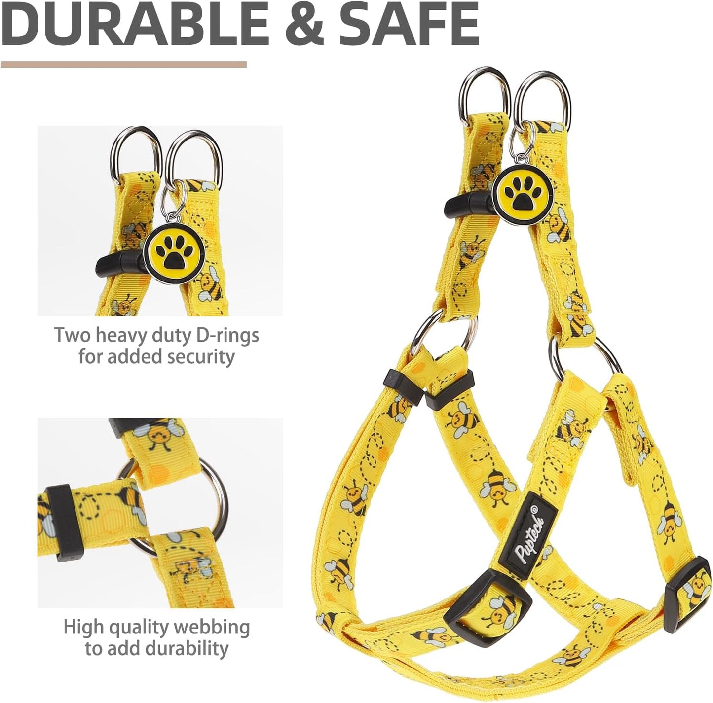 PUPTECK No Pull Dog Harness Soft Adjustable Basic Nylon Step in Puppy Vest Outdoor Walking with ID Tag, Yellow Bee, S