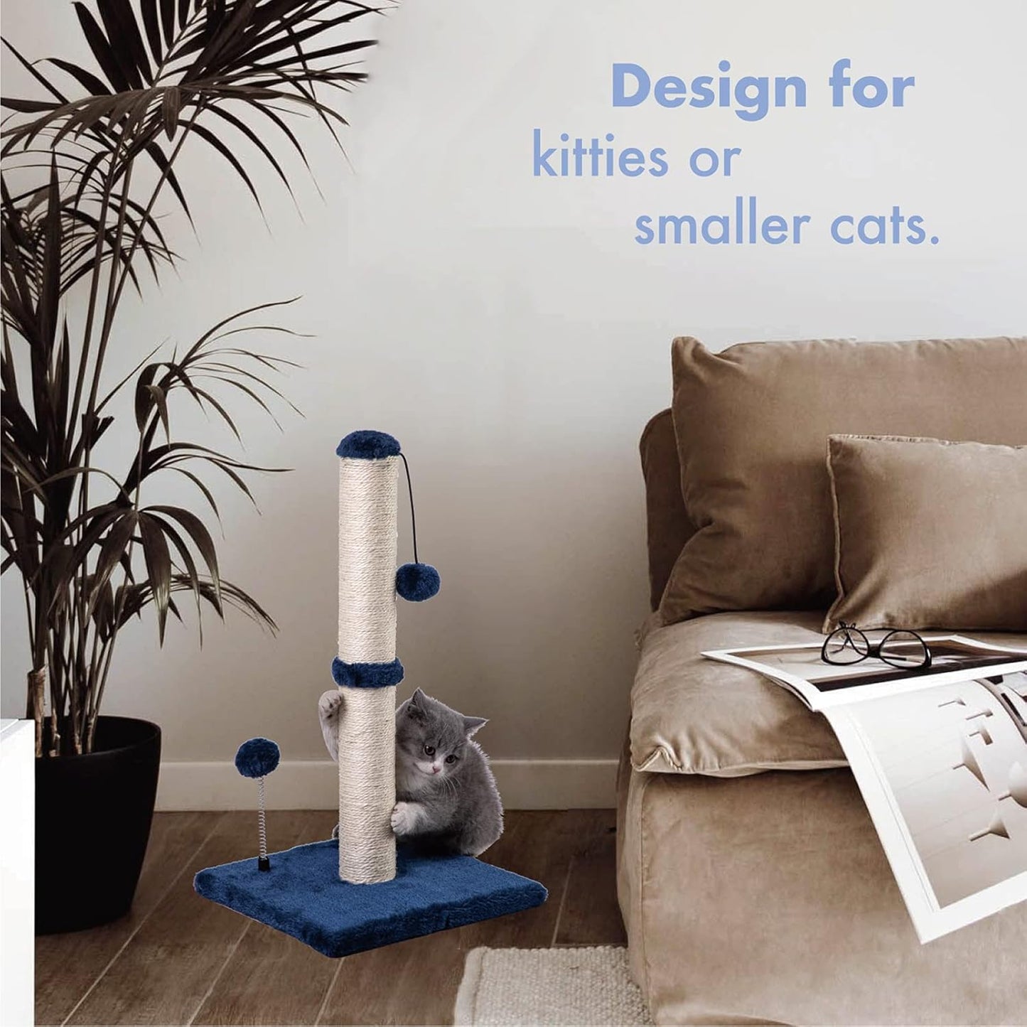 MECOOL Cat Scratching Post Premium Basics Kitten Scratcher Sisal Scratch Posts with Hanging Ball 22 in for Kittens or Smaller Cats, Navy