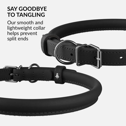 CollarDirect Rolled Leather Dog Collar, Soft Padded Round Puppy Collar, Handmade Genuine Leather Collar Dog Small Large Cat Collars 13 Colors (6-7 Inch, Black Smooth)