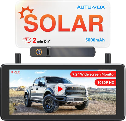 AUTO-VOX 7.2" DVR Portable Solar Wireless Backup Camera:HD 1080P 2 Min Quick Installation Support 2 Split Screen Back up Camera, IP69K Waterproof Reverse Camera for Car, Van, SUV, Truck, Trailer