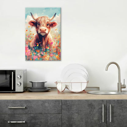 Highland Cow Wall Art Canvas Flower Cattle Wall Decor Prints Framed Painting Animal Pictures Gifts Artwork for Bathroom Living Dining Kitchen 16"x24"